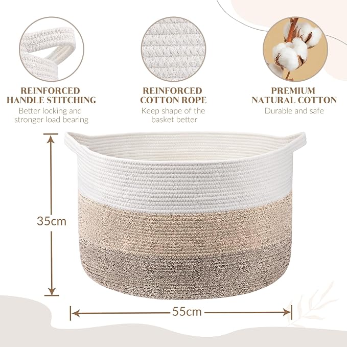 Maliton Woven Rope Blanket Basket Living Room, Storage Toy Basket, 90L | 22"x22"x14" Cotton Rope Basket for blankets, towels & laundry. In Bedroom, Nursery, Bath & Playroom. Soft & durable.