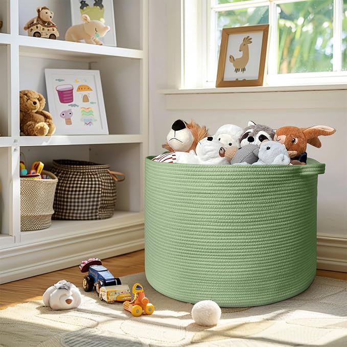 115L Oversized Green Basket, 23.6"x15.7" Woven Cotton Rope Bin for Blankets, Nursery Wicker Laundry Hamper, Kids Toy Storage Bin, Sage Green Living Room Bedroom Decor Baskets for Organizing