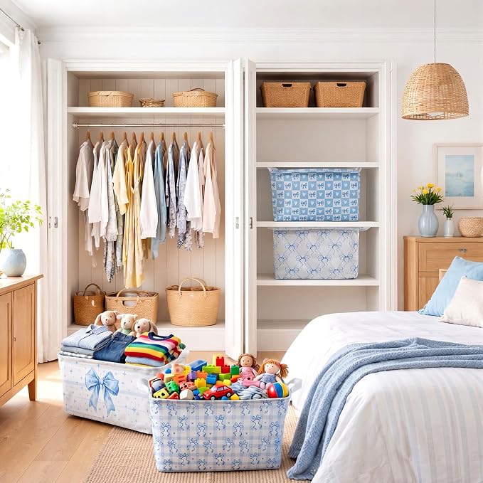 4pcs 4 Pcs Blue Bow Storage Basket for Gifts Collapsible Girls Coqutte Blue Storage Bins with Handle Cute Preppy Foldable Laundry Organizer for Home Bathroom Bedrooms Baby Clothes Toys Books