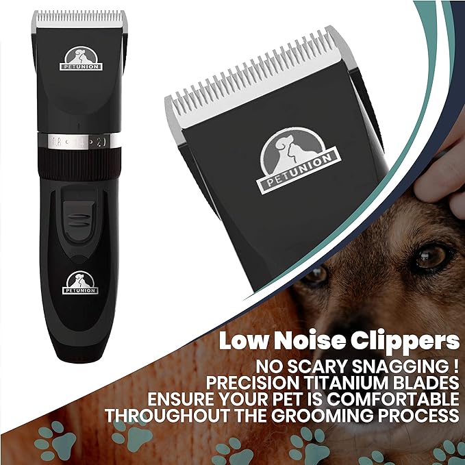 Pet Union Professional Dog Grooming Kit, Rechargeable, Cordless, Low Noise Dog Clippers for Grooming Thick Coats - Clippers, Nail Trimmer, Complete Grooming Set for Dogs, Cats and Other Pets (Chrome)