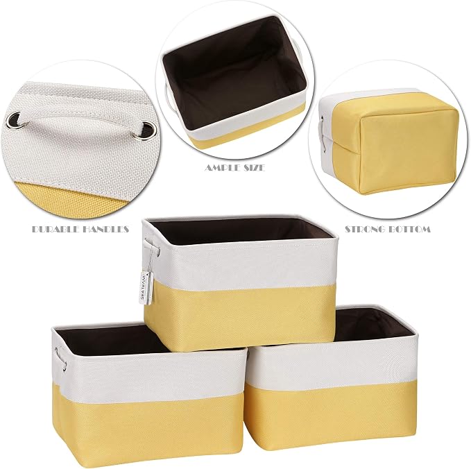 Sea Team Large Rectangle Canvas Open-Top Storage Baskets, 3-Pack | Collapsible Fabric Storage Bins with Handles, Closet Shelf Organizers, 15 x 10 x 10 Inches, Yellow & White