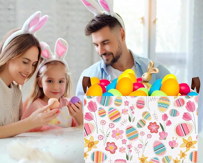 Large Rectangular Easter Baskets Empty Waterproof Boy Toy Box Foldable Kid's Gifts Storage Bin Spring Room Decor(Tulip Flower Egg)