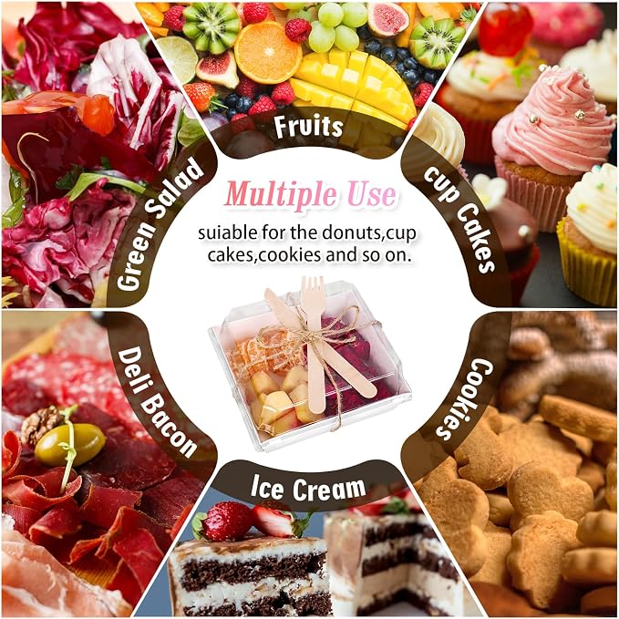 Whaline 50Pcs 4.7 x 4.3 In Small Charcuterie Boxes with Clear Lids White Mini Dessert Boxes with Forks and Knives Disposable Food Containers for Wedding Birthday Sandwich Cookie Sushi Cake Slice Fruit