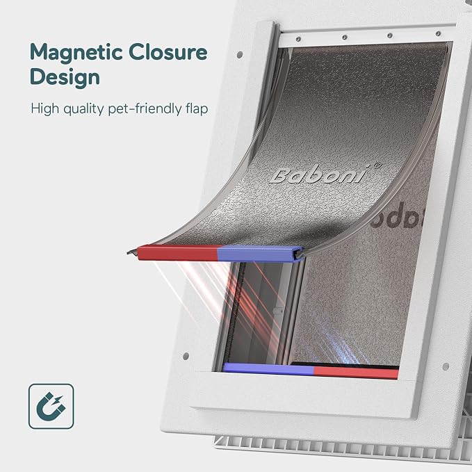 Baboni Dog Door for Door,Durable Plastic Frame,Small(Plus) | Pets Up to 20 Lb,for Interior and Exterior Doors,Aluminum Lock,Metal Panel,Strong Magnetic Flaps, Never Rust