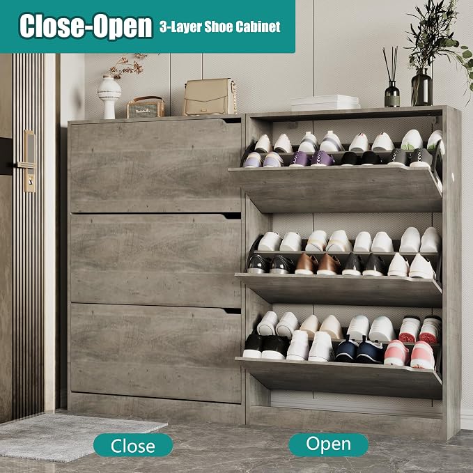 Xixini Shoe Storage Cabinet for Entryway with 3 Flip Drawers, Sturdy Wood Hidden Shoe Storage, Freestanding Narrow Slim Shoe Organizer for Front Door Entrance, Living Room, Hallway, Bedroom, Grey