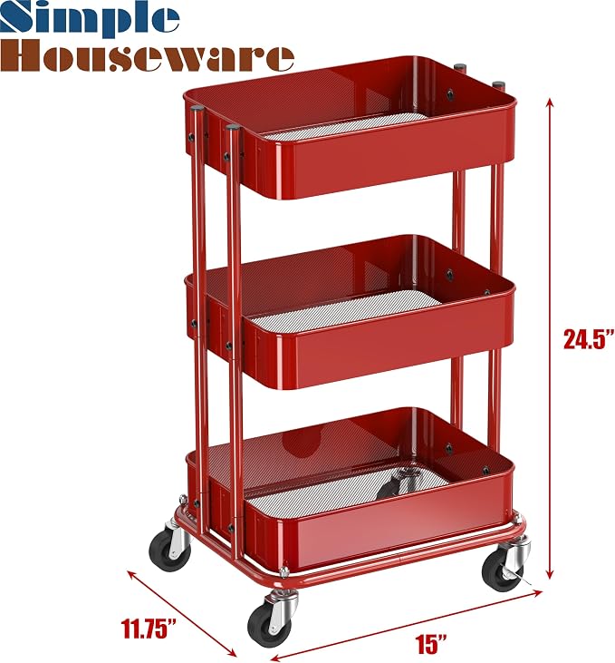 Simple Houseware 3-Tier Utility Cart, Low 24" Height Fits Under Desk, Red | Compact & Lower Height Great for Under-Desk Space-Saving Storage for Home Office, Dining Room, or Kitchen