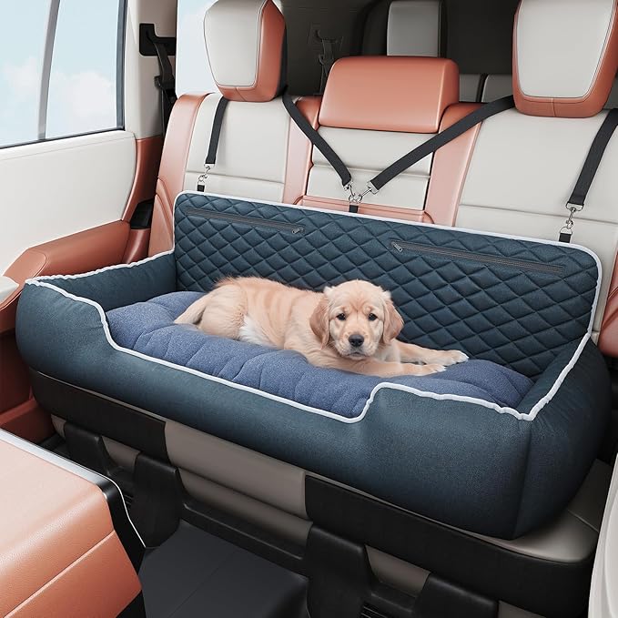 Large Dog Car Seat for SUV & Truck Dog Bed for Car Back Seat | High Back Booster Bench with Safety Tether & Storage Pocket Washable Thick Cushion Bed for Medium Large Dogs up to 100 lbs