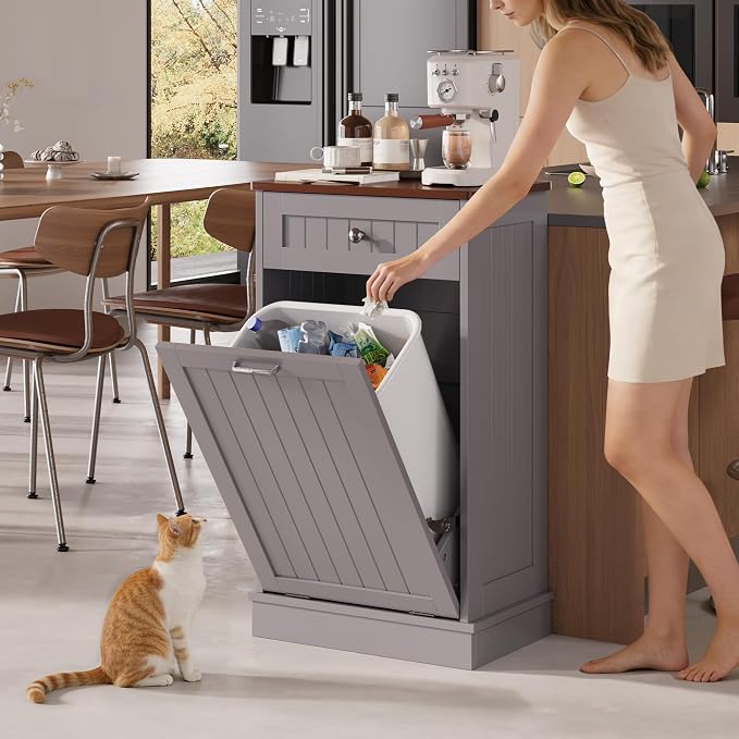 KIGOTY Tilt Out Trash Can Cabinet, Laundry Hamper Cabinet, Kitchen, Gray