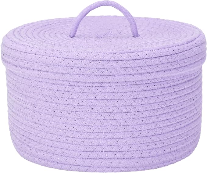 Sea Team Round Storage Basket, Woven Cotton Rope Basket with Lid, Lavender | Decorative Knitted Storage Bin, Multi-Purpose Lidded Organizer for Closet Shelves, Nursery and Household Storage