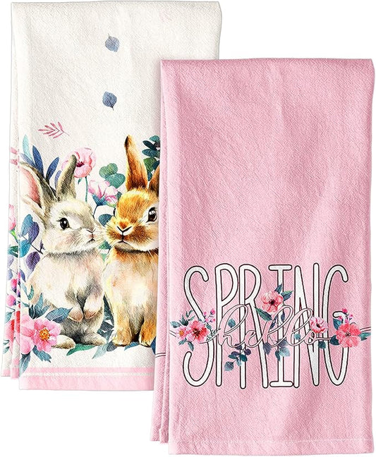 Miss Adola Easter Kitchen Towels Set of 2 - Flour Sack Tea Towels with Hanging Loop 18x26 Inch Spring Rabbit Pink Flowers Hand Dish Cloths Reusable Dishcloths Cute Easter Decor