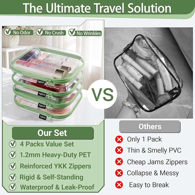 YQBRAO Clear Hard Shell Zipper Cases, 4 Medium Makeup Organizers, Green | Rigid 1.2 mm PET and YKK dual zippers for skincare, toiletries, chargers, notebooks and daily essentials
