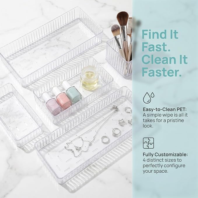 Veemoon 10pcs Pet Drawer Organizer Trays Set with Stackable and Removable Dividers, Easy to Clean Multi-use Vanity and Drawer Storage Bins for Cosmetics, Nail Tools, and Accessories