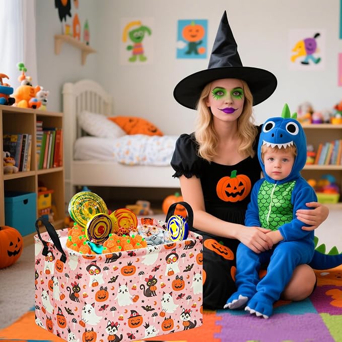 Pink Halloween Storage Basket for Girls, Pumpkin Ghost Bat Spider Design