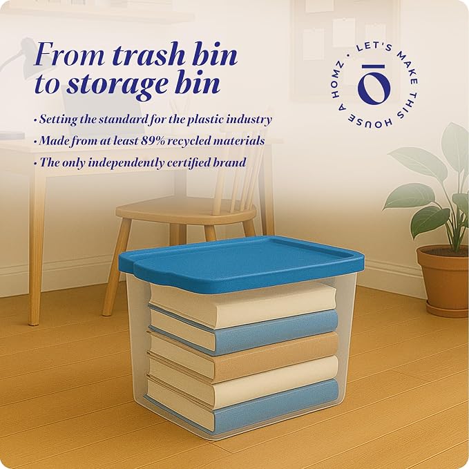 HOMZ 2-Pack Snaplock, Large Clear Plastic Storage Organizer Bins w/Lids, 56 Quart, Blue - Stackable Container Boxes for Bedroom, Bathroom, Garage, and Office Organization