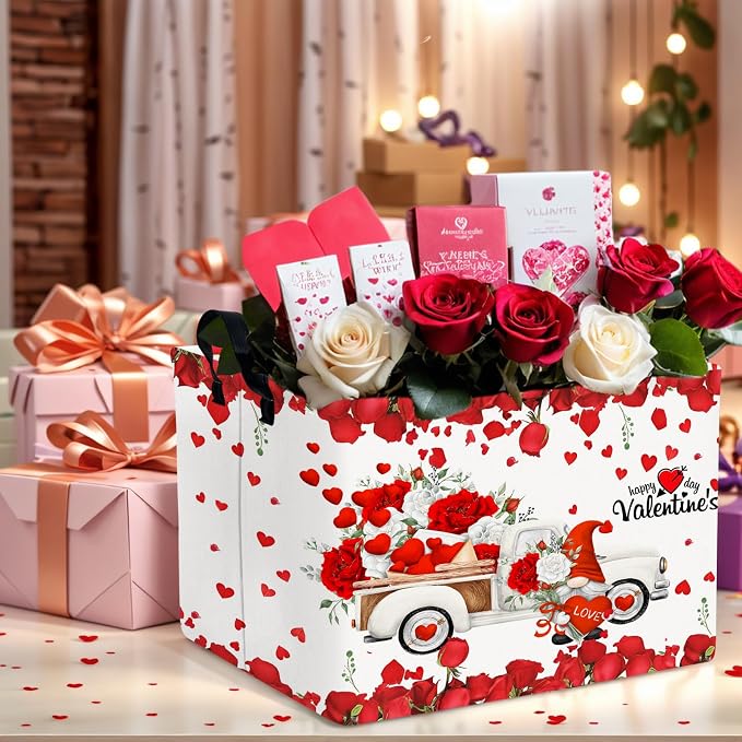 Cute Large Valentine's Day Gift Basket Empty Heart Decor Storage Bin for Kid Baby Room Décor (White Truck Roses)