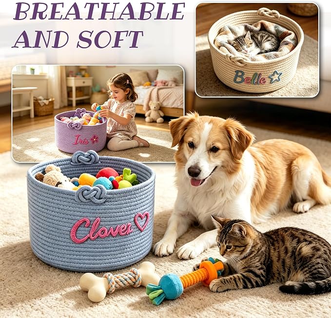 LAPE Personalized Dog Cat Toy Basket, Custom Pet Storage Bin with Name | Handwoven Cotton Rope Pet Basket, Dog Cat Toy Organizer, Treats Blankets Supplies, Gift for Pet Lovers