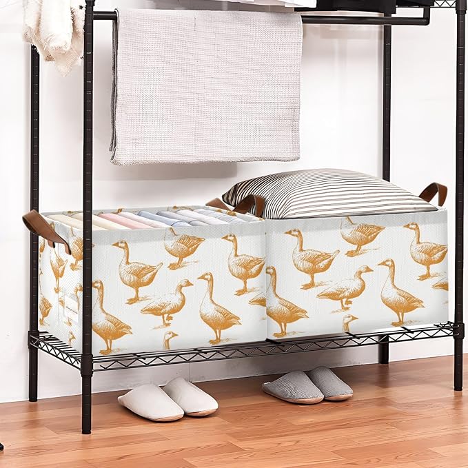 Hand Drawn Retro Goose and Duck Storage Basket Foldable Cube Storage Bins with Handles&Label Waterproof Organizer Box Bin Large Rectangle Decorative Baskets for Shelves Home Room Laundry-2 Pack