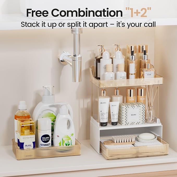 Delamu 4-Tier Makeup Organizer, Bathroom Counter Storage, 2 Drawers, Amber | Elegant Vanity Organizer Gift for Women, Holds Perfume, Skincare, Nail Polish & Hair Accessories for Bathroom Countertop