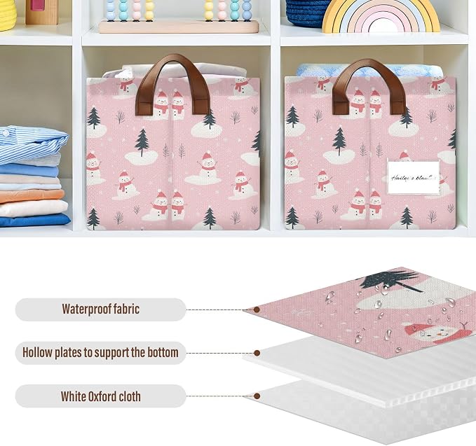 Pink and White Christmas Snowman Storage Bins for Shelves with Labels&Handles Fabric Organizer Bin Foldable Rectangle Storage Basket Boxes for Closet, Bathroom, Home, Living Room