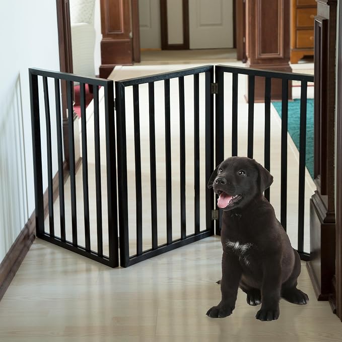 Pet Gate - 3-Panel Indoor Foldable Dog Fence for Stairs, Hallways, or Doorways - 54x24-Inch Wood Freestanding Dog Gates by PETMAKER (Black)