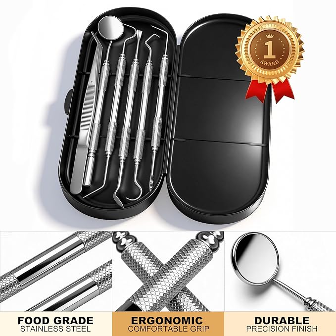Dental Tools Plaque Remover Teeth Cleaning Tool﻿s Kit 6 Pcs Dental Care Kit Stainless Steel Dental Pick Tartar Remover Tool for Home/Travel/Pet Care-Storage Case Included
