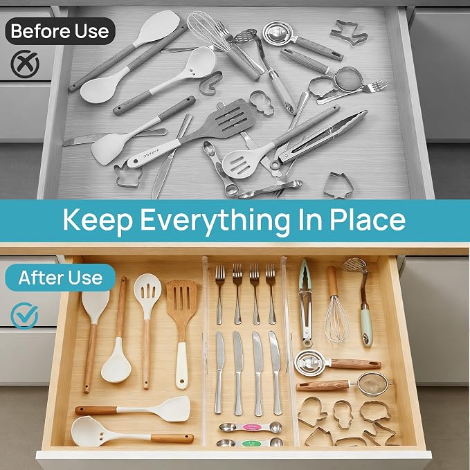 Vtopmart 8 Pack Shallow Drawer Dividers, 2.36" High 12.5"-20.8" Adjustable Expandable Kitchen Drawer Organizer, Clear Plastic Organizer Separators for Flatware, Utensil, Cutlery, Underwear, Clothes | Expandable Kitchen Drawer Organizer, Clear Plastic O...