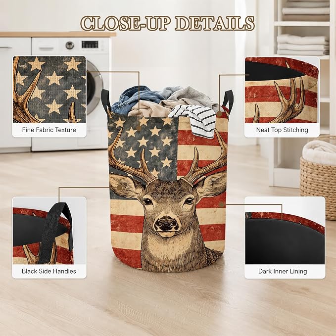 Retro Deer Laundry Hamper, American Flag Laundry Baskets, Waterproof Oxford Cloth for Room/Bathroom/Bedroom/Dormitories 16x20.8 Inch