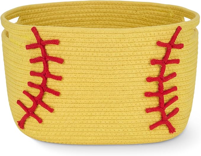 RattanView Softball Cotton Rope Basket, Brown Woven Storage with White Stitch Pattern, 15 x 9 x 10 in, Empty Softball Gift Organizer for Books, Room and Sports Decor