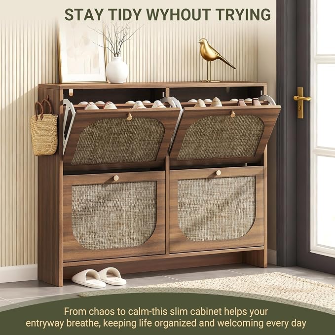 Freestanding Ultra Slim Fluted Accent Shoe Storage Cabinet for Entryway - 4 Flip Drawers & 3-Tier Adjustable Shelves, Farmhouse Modern Rustic Shoe Rack for Hallway, Foyer, Living Room
