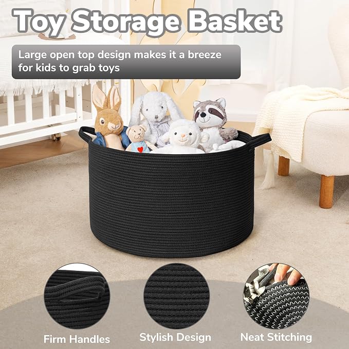 Goodpick Large Woven Dirty Clothes Basket for Nursery & Living Room, 85L | 21.7 x 21.7 x 13.8 In Storage Basket for Nursery, Blanket Basket for Towels Clothes, Black