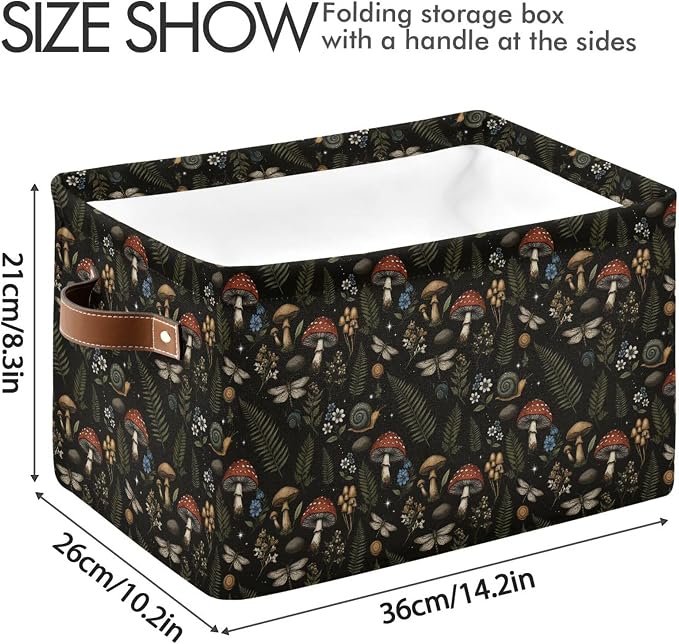 Mushroom Botanical Storage Basket Fabric Kitchen Baskets Dragonfly Berry Flowers Fern Open Home Storage Bins Boxes Foldable Organizer Bag for Baby Cloth Pet Toy Book Shelf Closet Baskets 16×12×8 IN