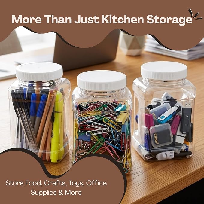 Pride of India Clear Food Grade PET Plastic Jar – 48 Fluid Ounce | Square-Grip Plastic Containers for Snacks, Candy, Cereal, Pet Food, Kitchen, Pantry & Household Storage (4-5 Cup Storage Capacity)