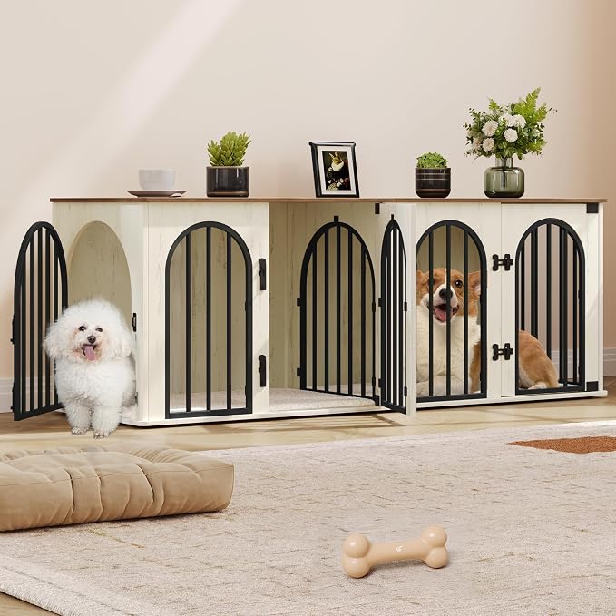 Hzuaneri 63" Double Dog Crate Furniture, Dog Kennel Indoor with Cushion | Heavy Duty Dog Crate Furniture for 2 Dogs,Dog Cage End Table TV Stand with Divider for Med-Large Dogs,White Brown DFC80914BV1