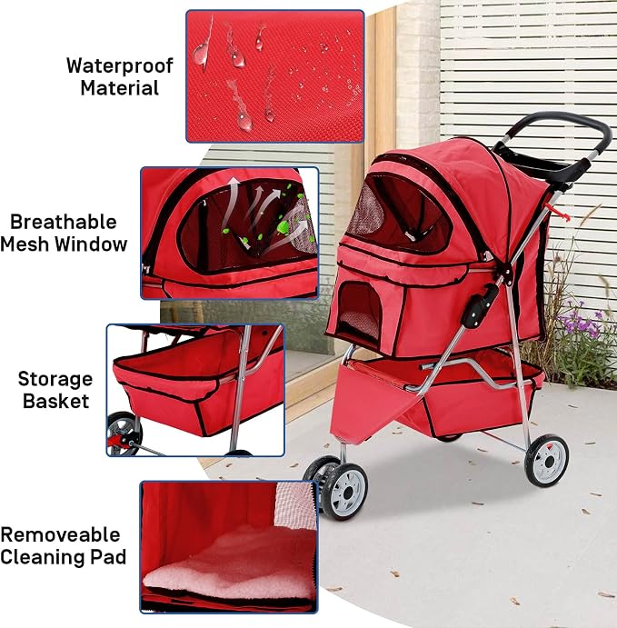 Best 3 Wheels Pet Stroller for Dog Stroller Cat Stroller, Lightweight and Foldable Pet Jogger Stroller, Carrier Strolling Cart W/Cup Holders Removable Liner for Small and Medium Dog Cat or Pet - Red