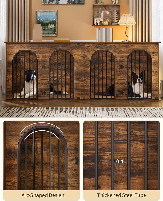 Hzuaneri 86.6" Double Dog Crate Furniture, Dog Kennel Indoor with Cushion | Heavy Duty Dog Crate Furniture for 2 Dogs,Dog Cage End Table TV Stand with Divider for Med-Large Dog,Rustic Brown DFC84001BV1