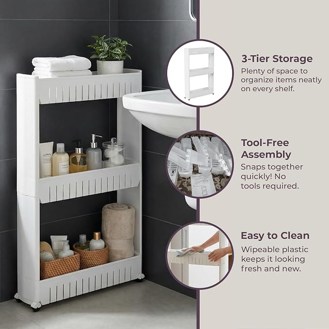 Lavish Home 3 Tier Shelf Rolling Cart - Narrow-Space Kitchen or Bathroom Shelf Organizer Cart - Slim Slide-Out Storage Shelves for Kitchen, Bathroom, Laundry and Pantry