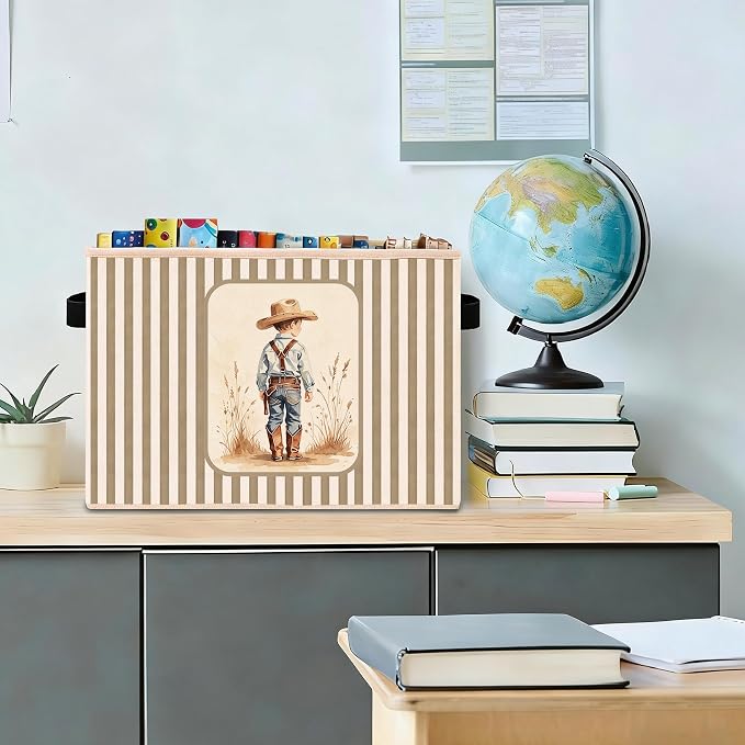 Little Cowboy Storage Bin, Foldable Fabric Basket for Kids Room | Foldable fabric storage bin with western cowboy design for toys, books, clothes, nursery, bedroom, and playroom use.
