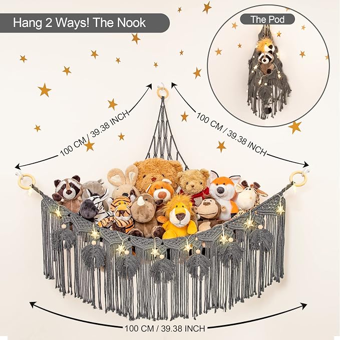 Macrame Stuffed Animal Storage with Star Light, Corner Hammock for Nursery | Corner Hanging Stuffed Animal Net Organizer for Girls' Room, Plushies Toy Wall Hanging Display Holder, Kid Gift