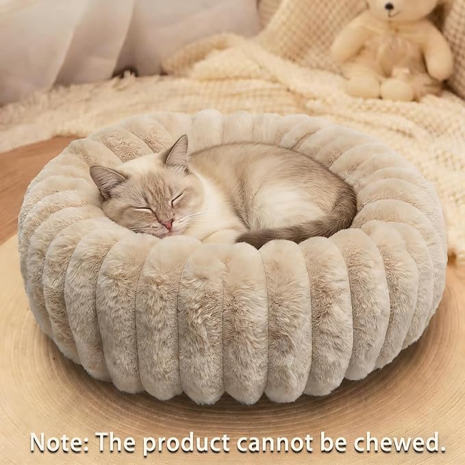 Small Pet Bed for Indoor Cats and Puppy - Washable Donut Extra Small Dog Beds for Small Dogs with Anti Slip Bottom, Fluffy Calming Round Bed for Puppy & Kitten Cozy Sleep, Beige, XS -19 Inch