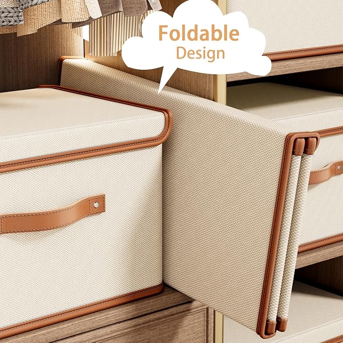 Tuza 4 Pack Storage Bins with Lids, Collapsible Closet Organizer Container, Fabric Organizer Box with Handles, Decorative Storage Boxes with Lids for Organizing Clothes, Books, File, White, Large