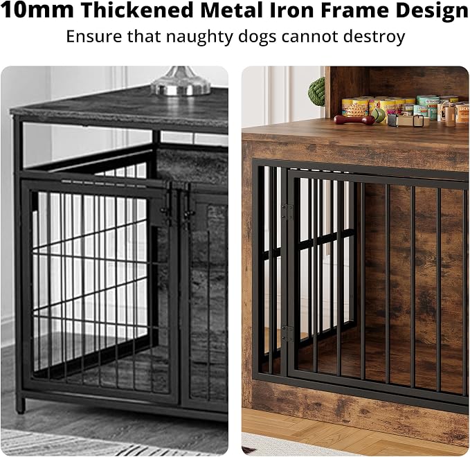 IRONCK 43.3" Extra Large Dog Crate Furniture with Storage Shelf | 10mm iron rods. Storage shelf and 4 hooks. 200 lb tabletop. 30"L x 43.3"W x 41.1"H indoor large crate