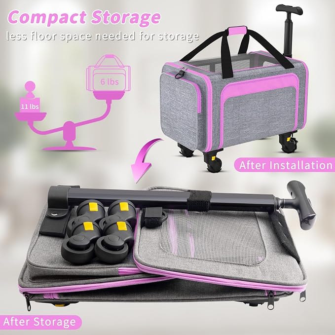 Airline Pet Carrier with Wheels, 18x11x11 for Cats & Toy Dogs | Soft-sided nylon under-seat bag, removable wheels, expandable mesh, cats & toy-breed dogs, measure pet before buying