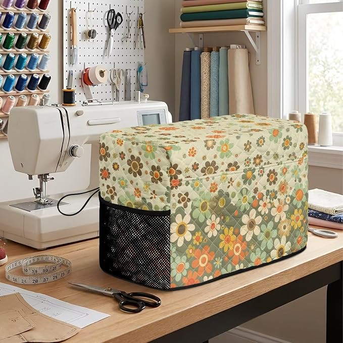 Sewing Machine Cover Polyester Febric Retro Daisy Cottage Print | Dust Pet Hair Protection,Quilting Design,Fits Standard Singer,Brother Janome Machines,Protecting Decorating Your Sewing Space