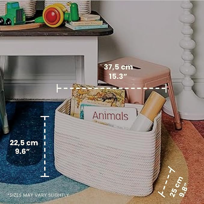 OrganiHaus Rainbow Baskets for Shelves, Set of 3, 15x9x10 | Colorful, handwoven cotton rope; a toy bin for playroom, classroom, or girls' room decor; great for nursery too