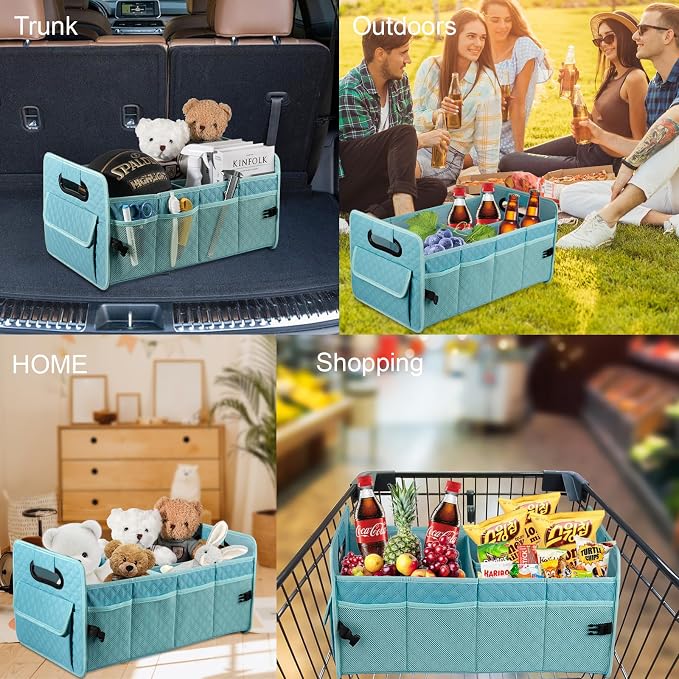 Car Trunk Organizer for SUV, Collapsible Car Storage Organizer Lake Blue | Sturdy, Large Capacity, Diamond Decor, Multi Compartment Container Box Adjustable Car Accessories for Sedan Truck