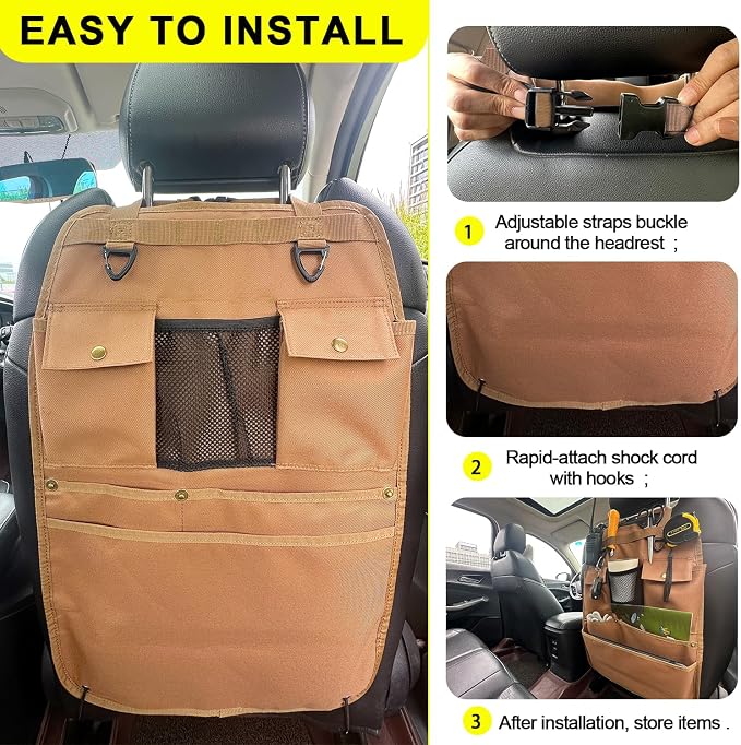 Car Seat Back Organizer with Multiple Pockets and Hooks (brown)