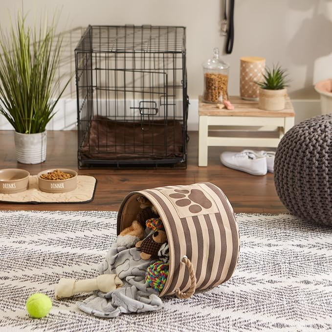 Bone Dry Pet Storage Collection Striped Paw Patch Bin, Small Round, Brown