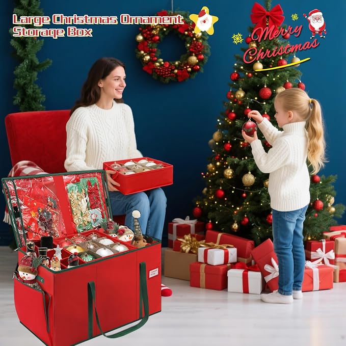 2-in-1 Christmas Ornament Storage Box Keeps 64-3"/36-4" Holiday Ornaments | Xmas Figurine Organizer Container,4 Separate Trays , Adjustable Extent Area for Figurines and Pockets for Holiday Décor