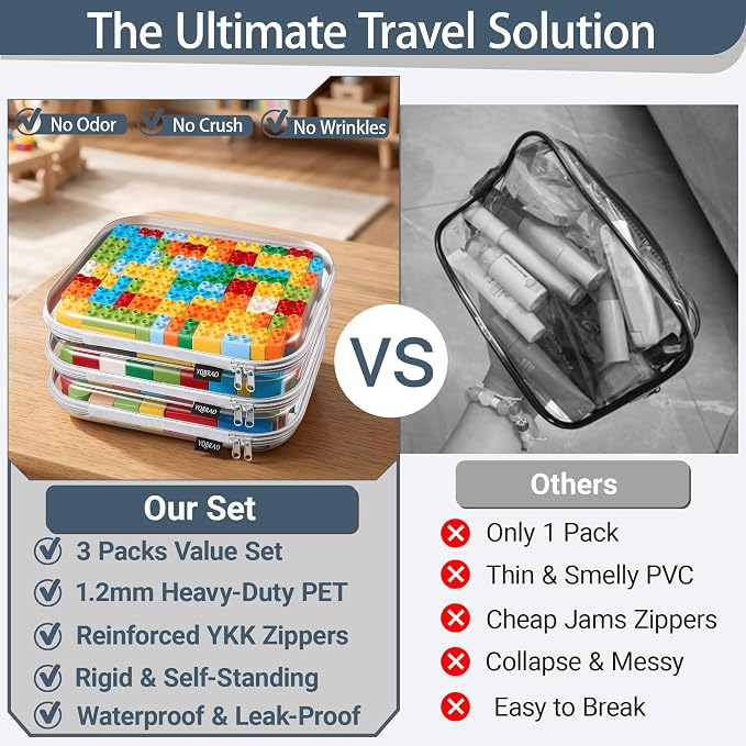 YQBRAO Clear Hard Shell Zipper Cases, 3 Large Travel Organizers, Grey | Rigid 1.2 mm PET and YKK dual zippers for full-size toiletries, makeup palettes, electronics and craft supplies