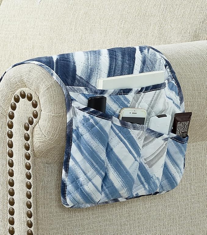 Brilliant Sunshine Blue Grey Stripes Couch Armrest Cover, 35"×13" | Washable Magazine Holder, Armrest Organizer & Caddy on Sofa, Recliner, Armchair, Storage for Remote Controls, Phone, iPad